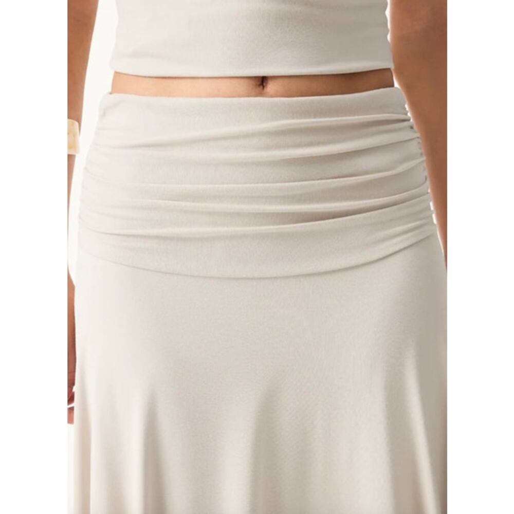OGL Skirt Size S NEW Flowy Side Ruched A-line Midi Skirt Fog Cream Eco-SkinKiss - Picture 7 of 13